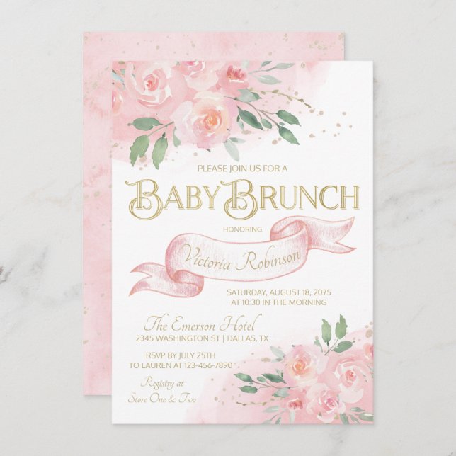Convite Rapariga Rosa Dourada Watercolor Rosa Baby Brunch (Frente/Verso)