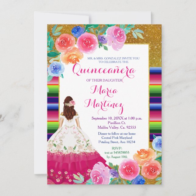 Convite Rapariga rosa mexicana, Quinceañera, Aniversário D (Frente)