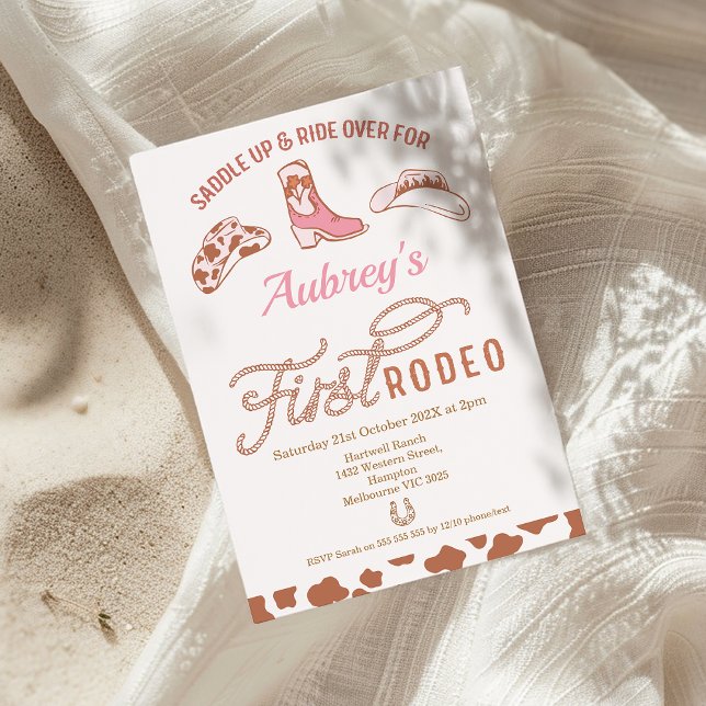 Convite Rapariga-Rosa-Rosa-Russa Primeiro primeiro anivers (Pink Cowgirl First Rodeo Birthday Invitation, Western First Rodeo 1st Birthday Invite, Wild West)