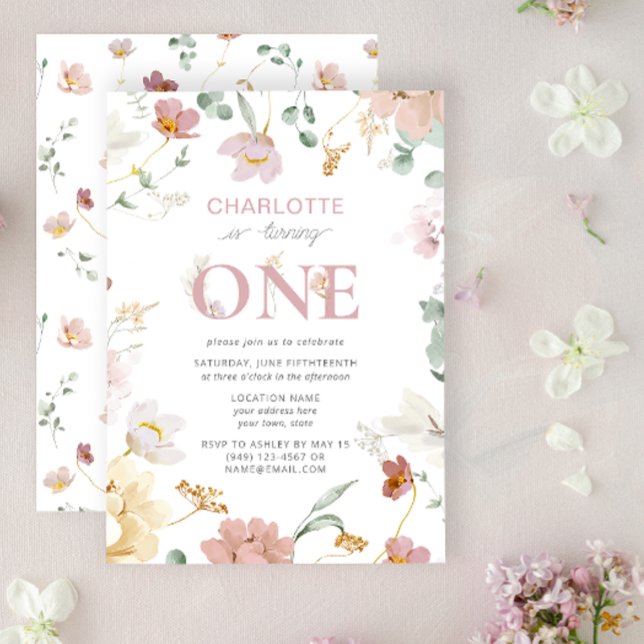 Convite Rapariga Rosa Wildflower Transformando Um primeiro (1st Birthday Invitation)