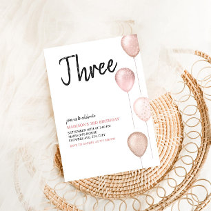 Convite Rapariga Simples Balões de 3º Pink Noite