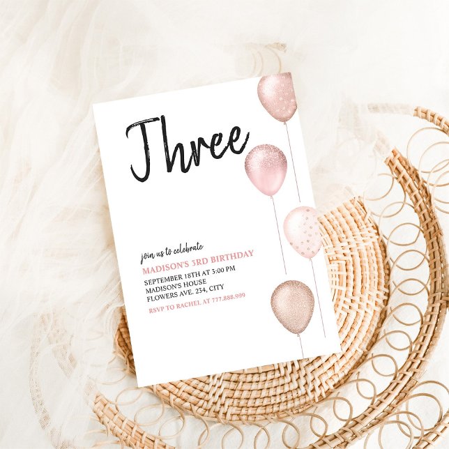 Convite Rapariga Simples Balões de 3º Pink Noite (Criador carregado)