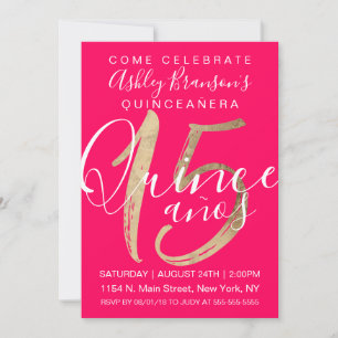 Convite Rapariga Simples Neon Cor-de-Ouro Rosa Quinceañera
