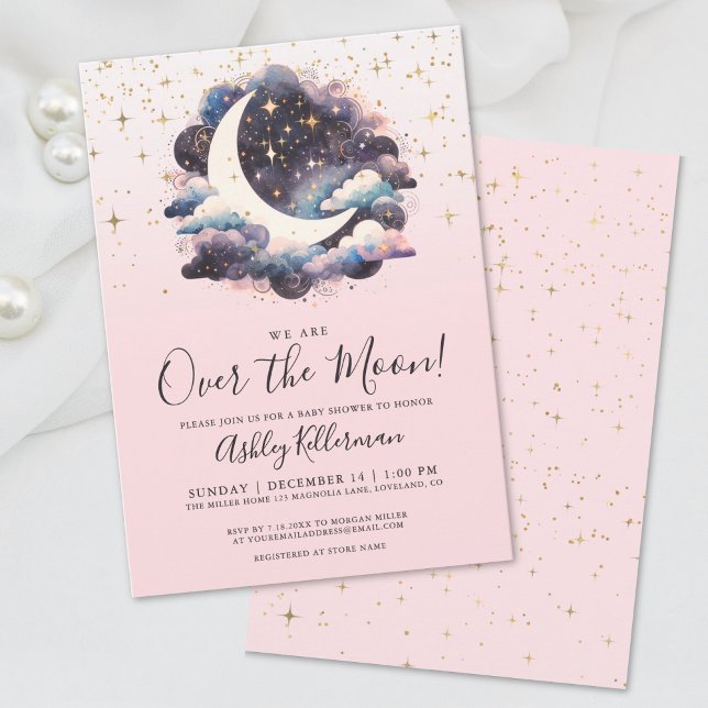 Convite Rapariga Sobre O Chá de fraldas Da Lua (Girl Over The Moon Baby Shower Invitation)