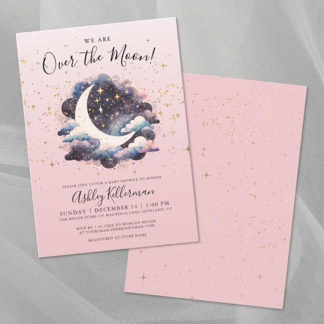 Convite Rapariga Sobre O Chá de fraldas Da Lua (Girl Over The Moon Baby Shower Invitation)