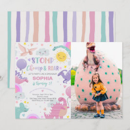 Convite Rapariga Stomp & Roar Dinossauro Foto de Aniversár