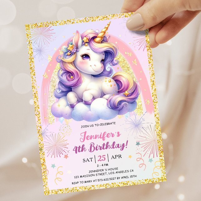 Convite Rapariga Unicorle Púrpura Rosa e Dourada 4ª Festa  (#UnicornBirthdayInvitation #UnicornBirthdayInvitationTemplate #UnicornBirthdayInvitationEditable 
)