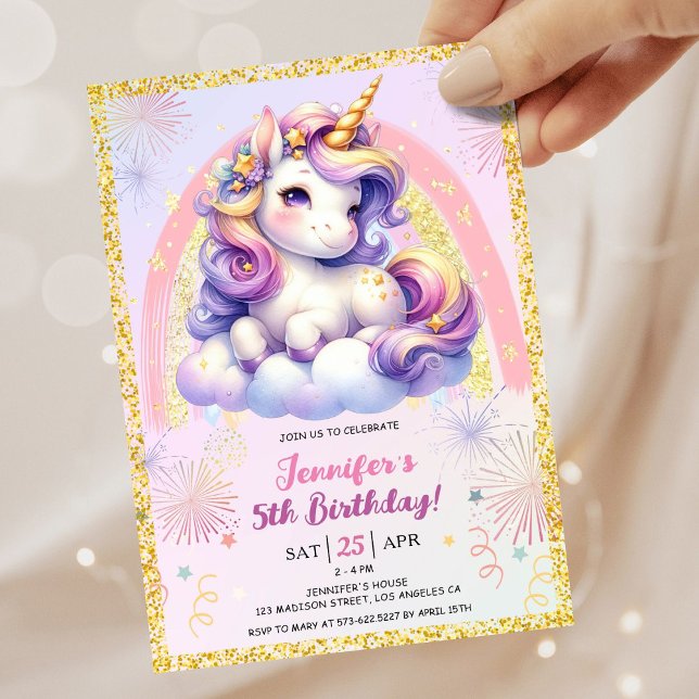 Convite Rapariga Unicorn Rosa Púrpura e Festa de aniversár (#UnicornBirthdayInvitation #UnicornBirthdayInvitationTemplate #UnicornBirthdayInvitationEditable )