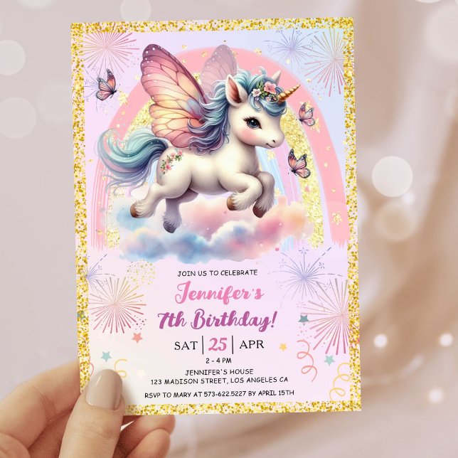 Convite Rapariga Unicórnio Dourado, 7 Rosa Rosa (#UnicornBirthdayInvitation #UnicornBirthdayInvitationTemplate #UnicornBirthdayInvitationEditable 

)