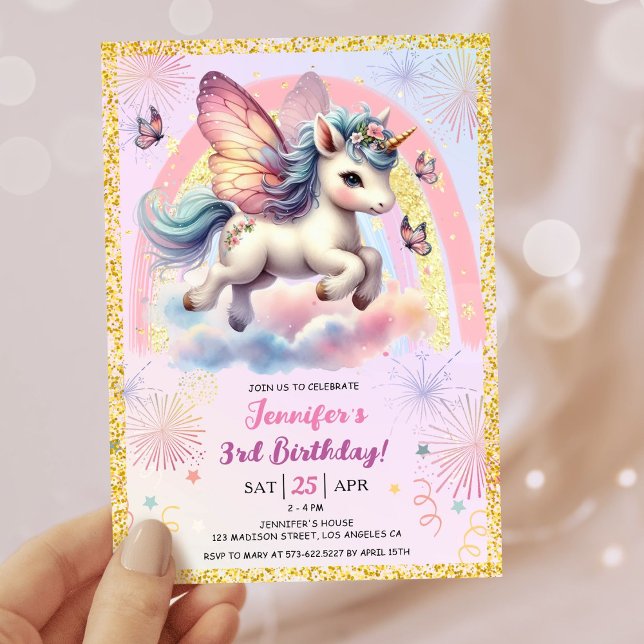 Convite Rapariga Unicórnio Dourado Glitter Pink aniversári (#UnicornBirthdayInvitation #UnicornBirthdayInvitationTemplate #RainbowUnicornBirthdayInvitation)