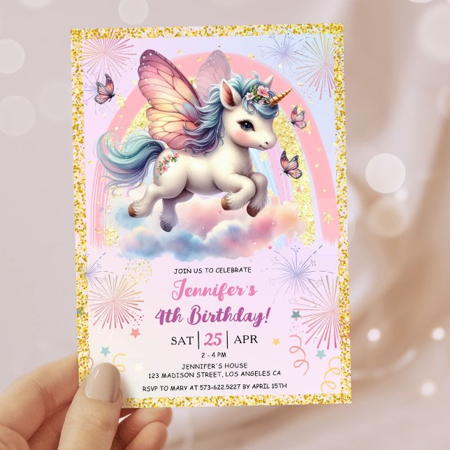Convite Rapariga Unicórnio Dourado Glitter Rosa 4º Festa d (#UnicornBirthdayInvitation #UnicornBirthdayInvitationTemplate #UnicornBirthdayInvitationEditable 
)