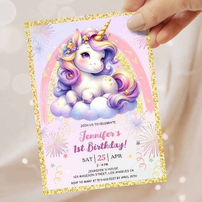 Convite Rapariga Unicórnio Púrpura Festa de primeiro anive (#UnicornBirthdayInvitation #UnicornBirthdayInvitationTemplate #UnicornBirthdayInvitationEditable 
)
