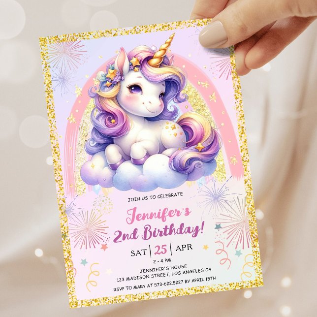 Convite Rapariga Unicórnio Púrpura Festa de segundo aniver (#UnicornBirthdayInvitation #UnicornBirthdayInvitationTemplate #UnicornBirthdayInvitationEditable )