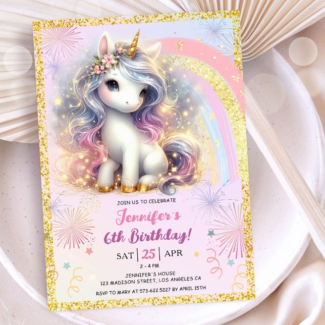 Convite Rapariga Unicórnio Rosa Dourada Festa de aniversár (#UnicornBirthdayInvitation #UnicornBirthdayInvitationTemplate #UnicornBirthdayInvitationEditable)