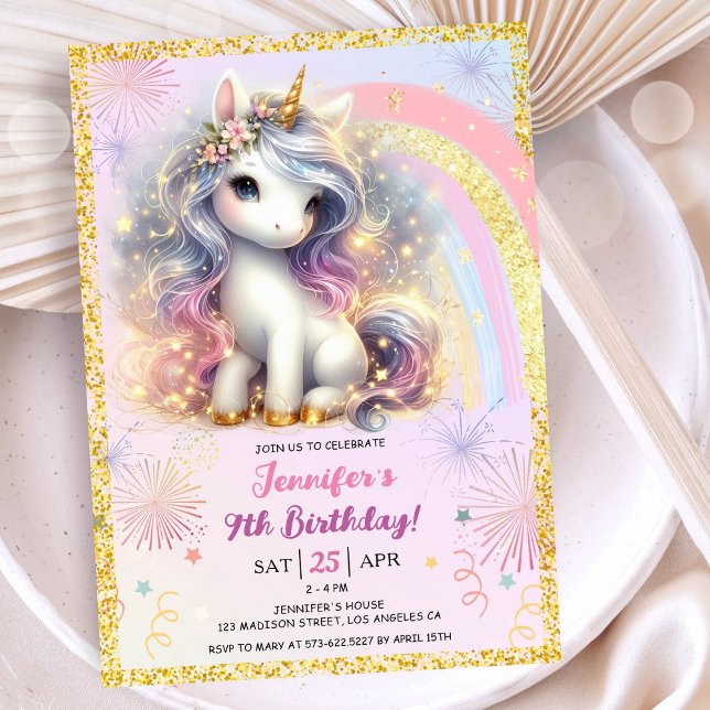 Convite Rapariga Unicórnio Rosa Dourada, Luminosa 9ª Festa (#UnicornBirthdayInvitation #UnicornBirthdayInvitationTemplate #UnicornBirthdayInvitationEditable 
)