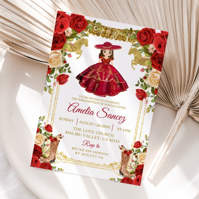 Convite Rapariga Vermelha e Dourada Mexicana Añ no Aniver (Criador carregado)