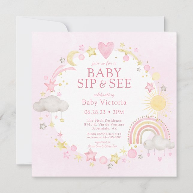 Convite Rapariga Watercolor Rainbow Baby Sip E Veja (Frente)