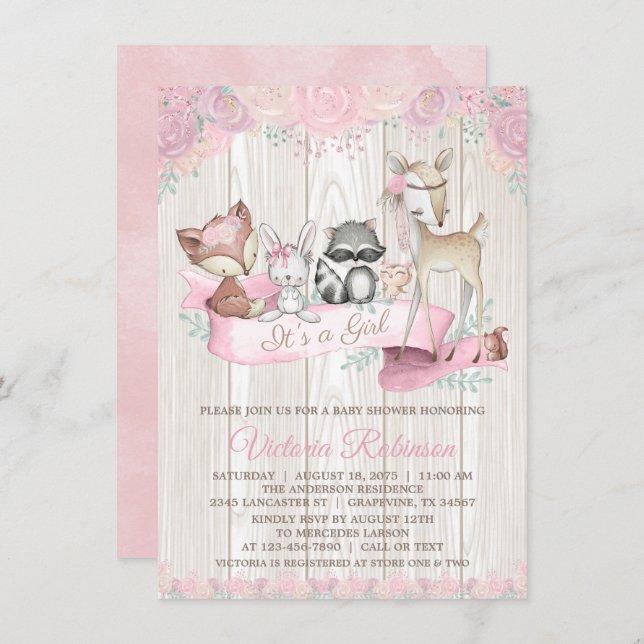 Convite Rapariga Watercolor Woodland Animal Floral Chá de  (Frente/Verso)