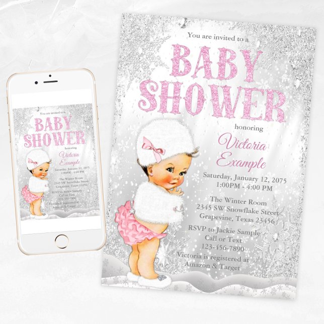 Convite Rapariga Winter Wonderland Chá de fraldas Brunette (Girl winter wonderland baby shower invitation. For instant download and print.)