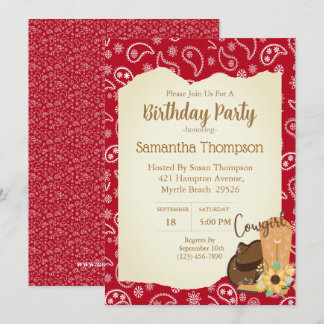 Convite Raparigas Cowboy Aniversário Red Bandana Sunflower