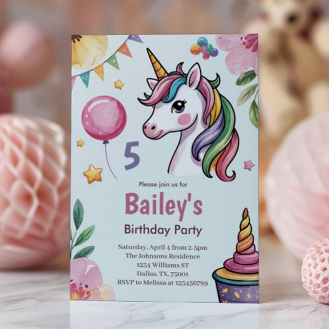 Convite Raparigas Cute Pastel Unicorn Crianças 5 Aniversár (Criador carregado)