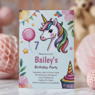 Convite Raparigas Cute Pastel Unicorn Crianças 7 Aniversár