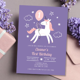 Convite Raparigas Cute Unicorn Rosa e Roxo Aniversário