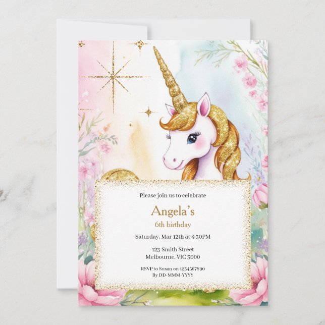 Convite Raparigas de Aniversário do Unicórnio Brilhante e  (Frente)