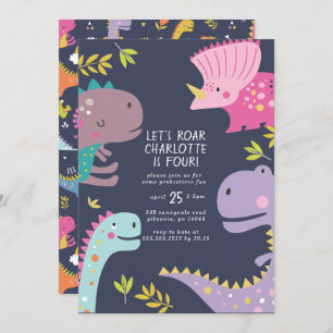 Convite Raparigas Dinossauras Roar Aniversário Roxo