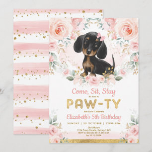 Convite Raparigas Douradas Rosa, Dachshund, Aniversário C