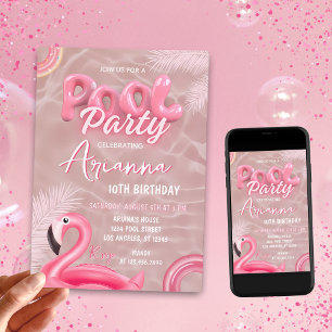 Convite Raparigas Editáveis Festa de Piscina Rosa Aniversá