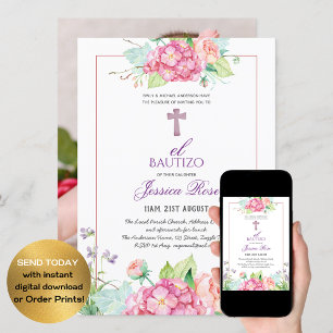 Convite Raparigas Floral BAUTIZO Bautismo Cruz Católica R