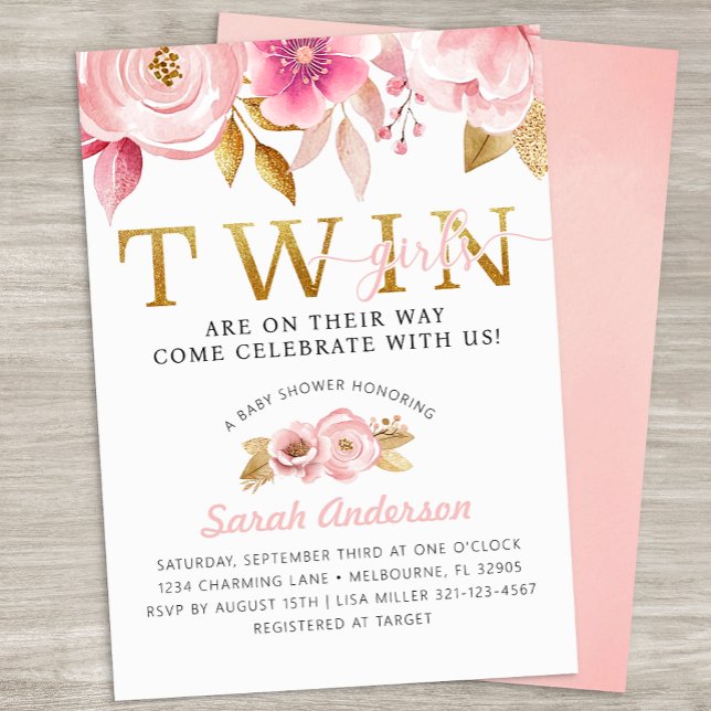 Convite Raparigas Gêmeas Leves Chá de fraldas Rosa Convida (Twin Girls Baby Shower Invite)