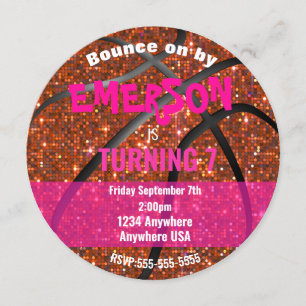 Convite Raparigas Glitter Basquete Aniversário, Bola Rosa