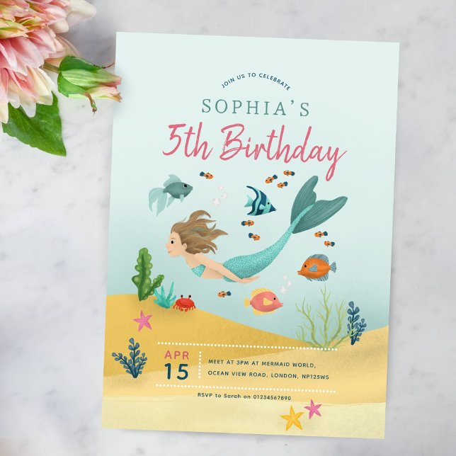 Convite Raparigas Mágicas sob o mar Sereia 5 Aniversário (Criador carregado)