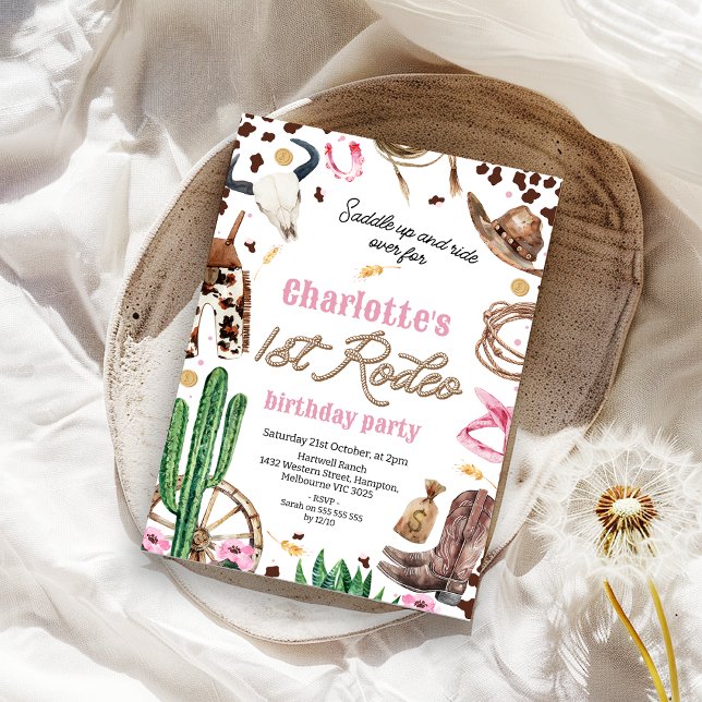 Convite Raparigas Marrom-Rosa Russas 1 rua primeiro aniver (EDITABLE Girls First Rodeo Birthday Invitations, Rustic Southern Country Cowgirl First Birthday)