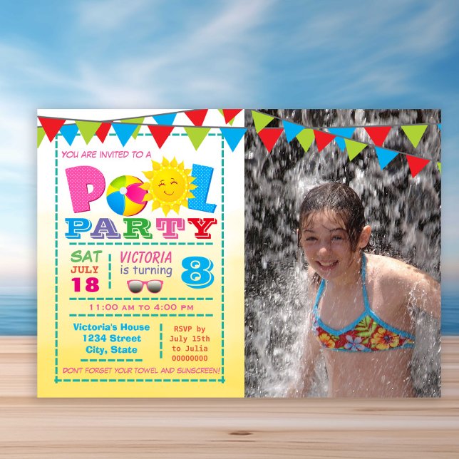 Convite Raparigas Piscinas Com Foto (Cute any number pool birthday party invitation. Simply add your details and photo.)