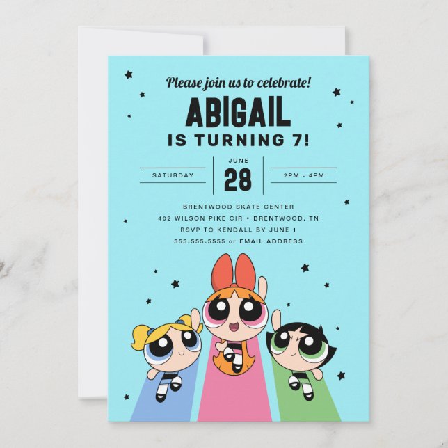 Convite Raparigas Powerpuff Aniversário - Azul (Frente)