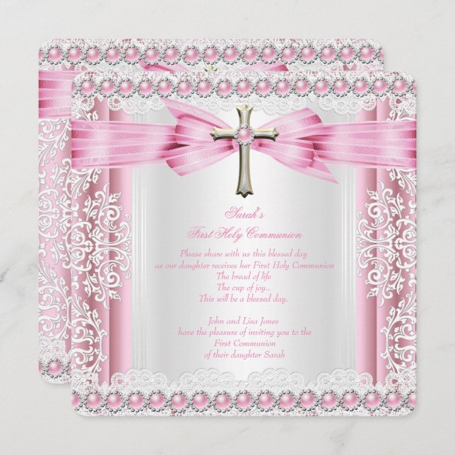 Convite Raparigas Primeira Comunhão Bonito Cor-de-rosa (Frente/Verso)