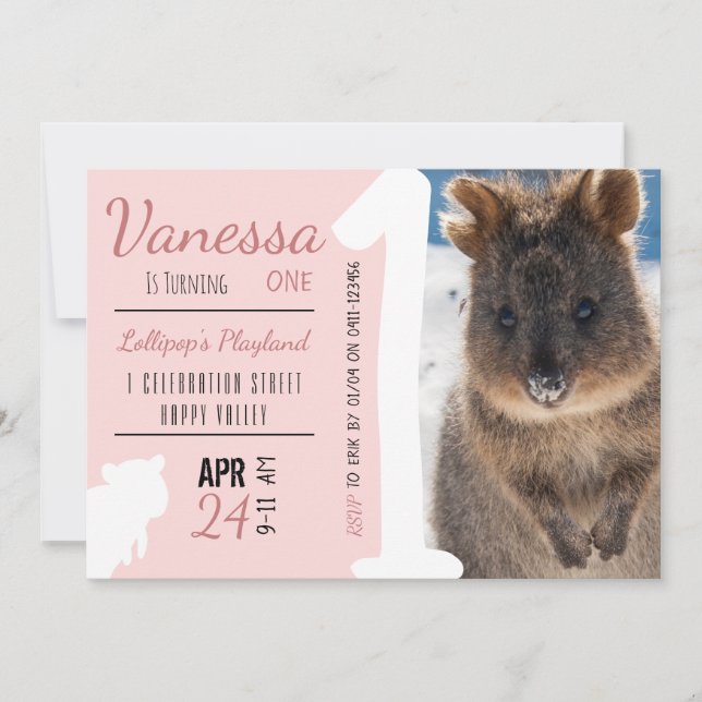 Convite Raparigas Primeiro Aniversário Azul Quokka Austrál (Frente)