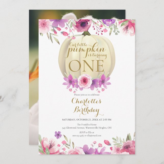 Convite Raparigas primeiro aniversario Pequena Foto Floral (Frente/Verso)