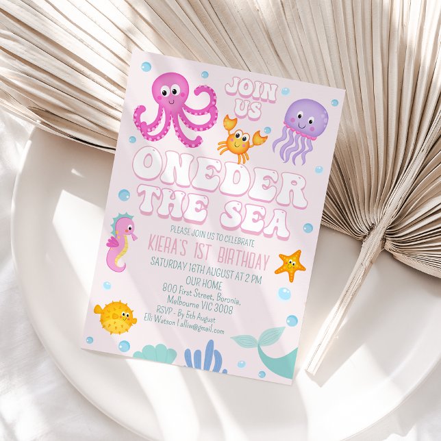 Convite Raparigas Retro Rosa Abaixo Do Mar Primeiro Aniver (Pink Oneder the Sea 1st Birthday Invitation Template Baby Girl Under Sea 1st Birthday Invitation)