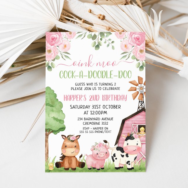 Convite Raparigas Rosa Animais da Fazenda Floral Barn Aniv (Any age, oink moo pink farm birthday invitation with cute animals, pink barn and pink flowers.)
