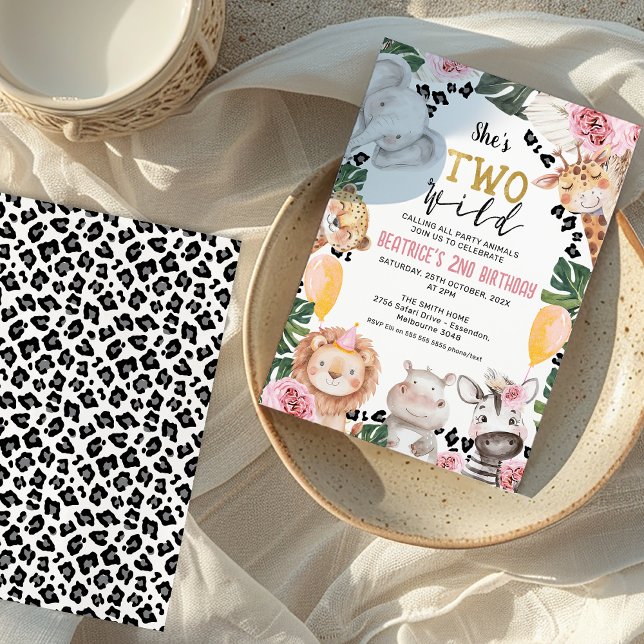 Convite Raparigas Rosa Rosa Rosa Rosa Dois segundo anivers (Girls Safari Two Wild 2nd Birthday Invitation, Safari themed 2nd Birthday Invitation Girl, Cheetah )
