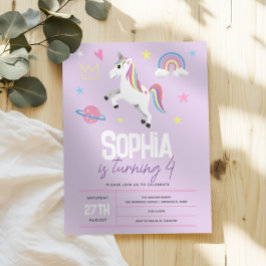 Convite Raparigas Roxo Garotas Unicorn Crianças 4º Anivers