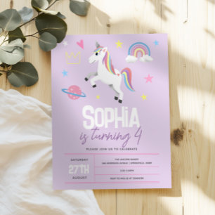 Convite Raparigas Roxo Garotas Unicorn Crianças 4º Anivers