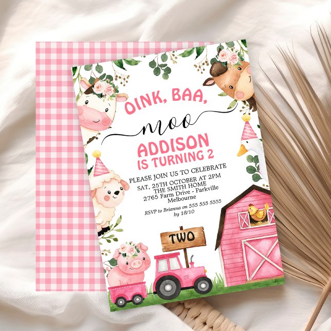 Convite Raparigas Trator de Casca Rosa-Fazenda (Oink Baa Moo Pink Farm Birthday Invitation, Pink Tractor Pink Barn Farmyard Animals Barnyard Invite)