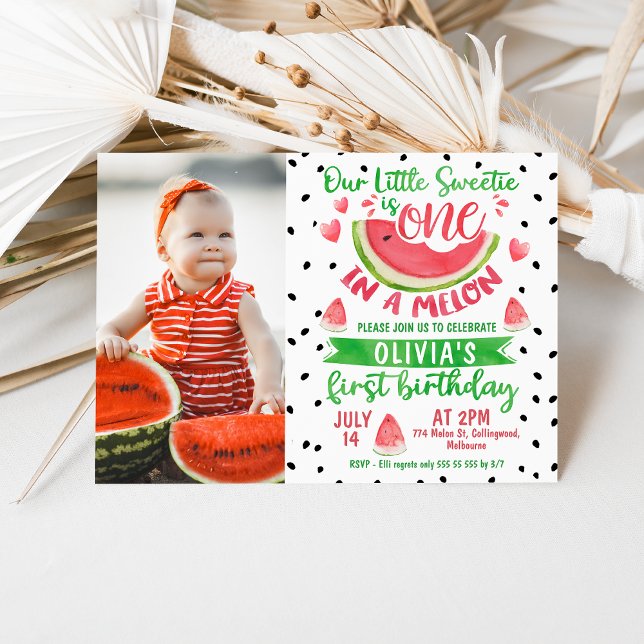Convite Raparigas Verdes Verdes Em Um primeiro aniversario (Photo One in a Melon Birthday Invitation Template, Red Watermelon First Birthday Invitation, )
