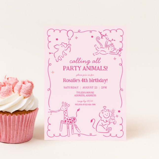 Convite Raparigas Zoo Safari Zoológico Selva Aniversário (Girls Party Animal Whimsical Birthday Invite)