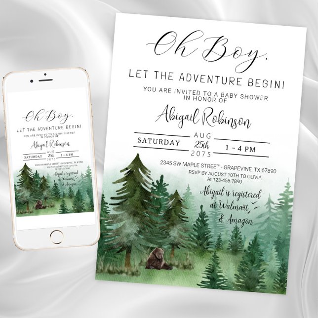 Convite Rapaz Woodland Bear Oh Boy Chá de fraldas (Woodland bear baby shower invitation. Instant download and printed invitations available.)